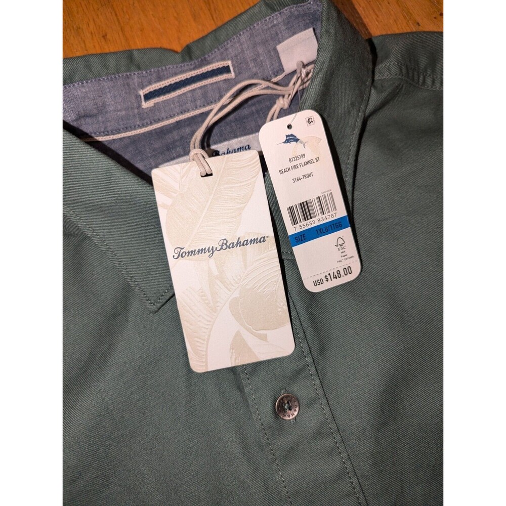 NWT Tommy Bahama Men XL Big 1XB Button Shirt Beach Fire Flannel Trout Green $148 - Picture 5 of 8
